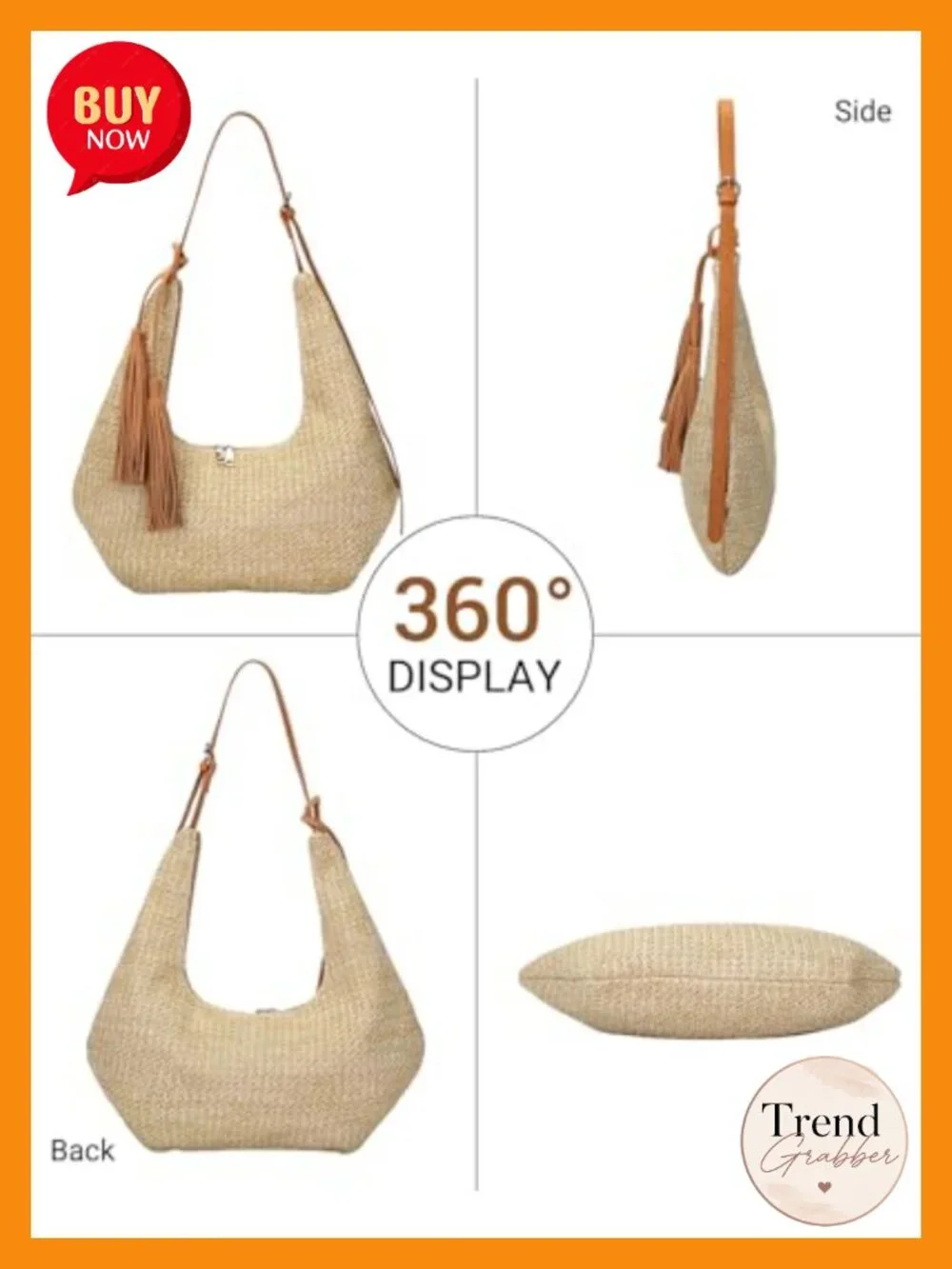 Handwoven Straw Hobo Shoulder Bag with Tassel, Adjustable Crossbody